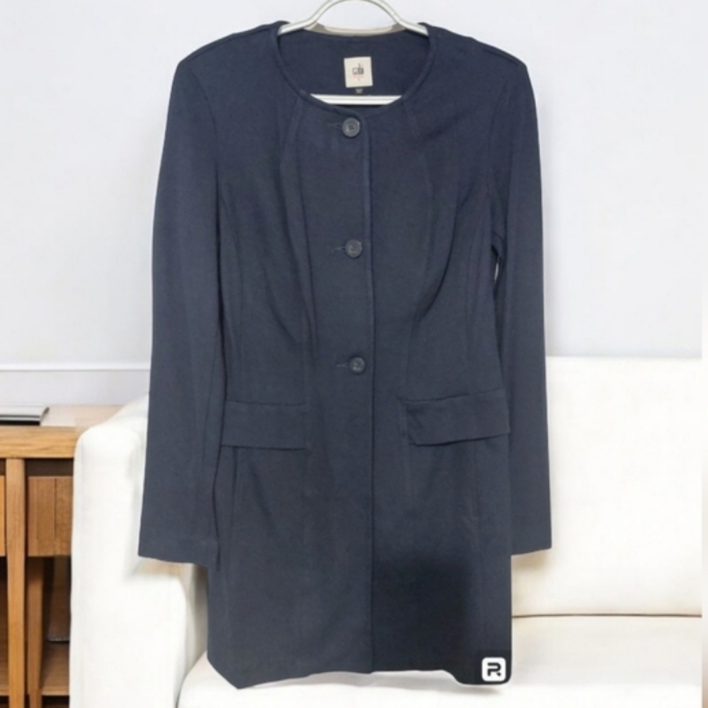 Cabi Long Navy Blue Stretch Jacket Blazer sz Small Button Womans Comfort